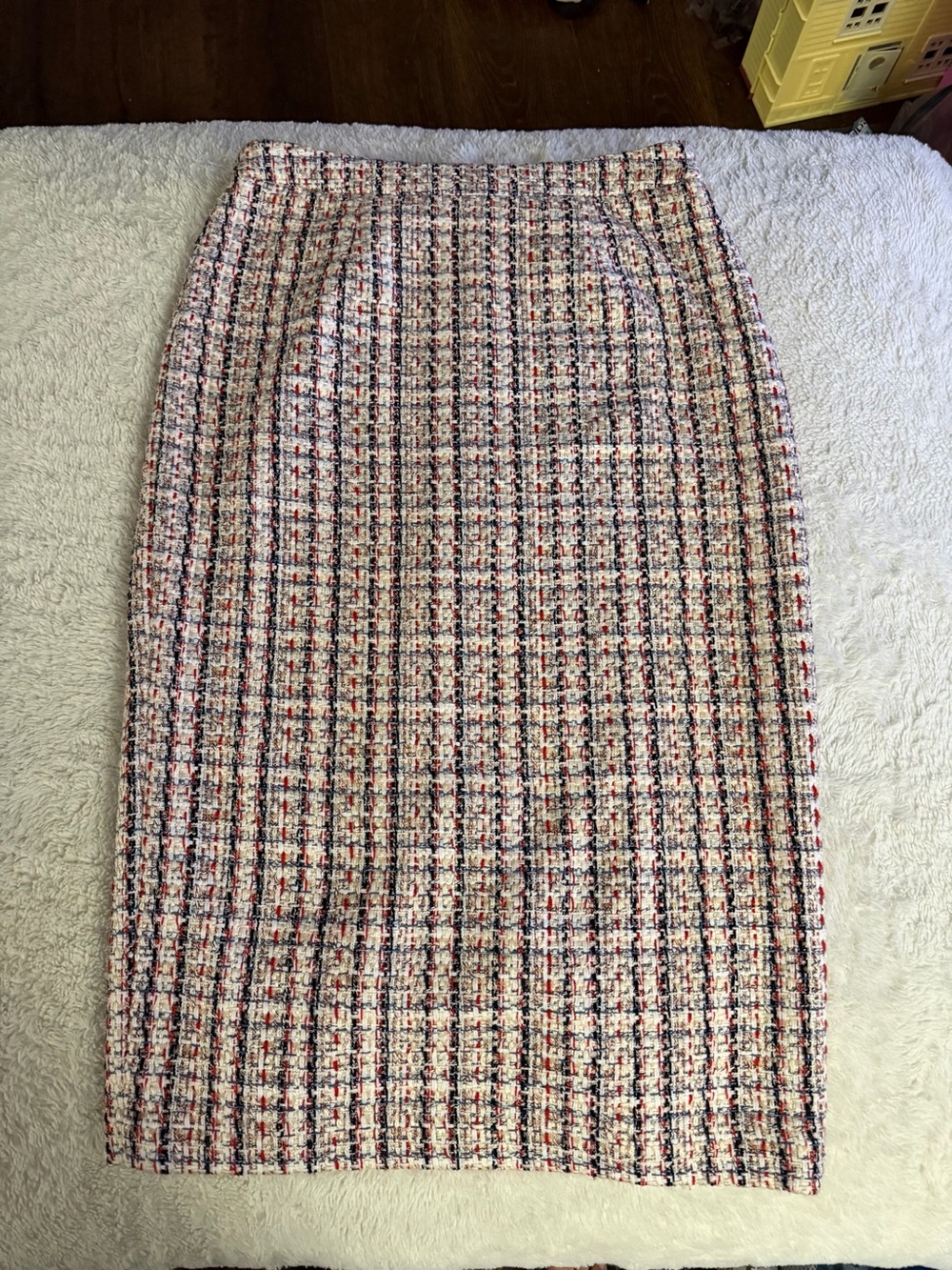 Halogen Tweed Pencil Skirt in Ivory with Red & Navy Details